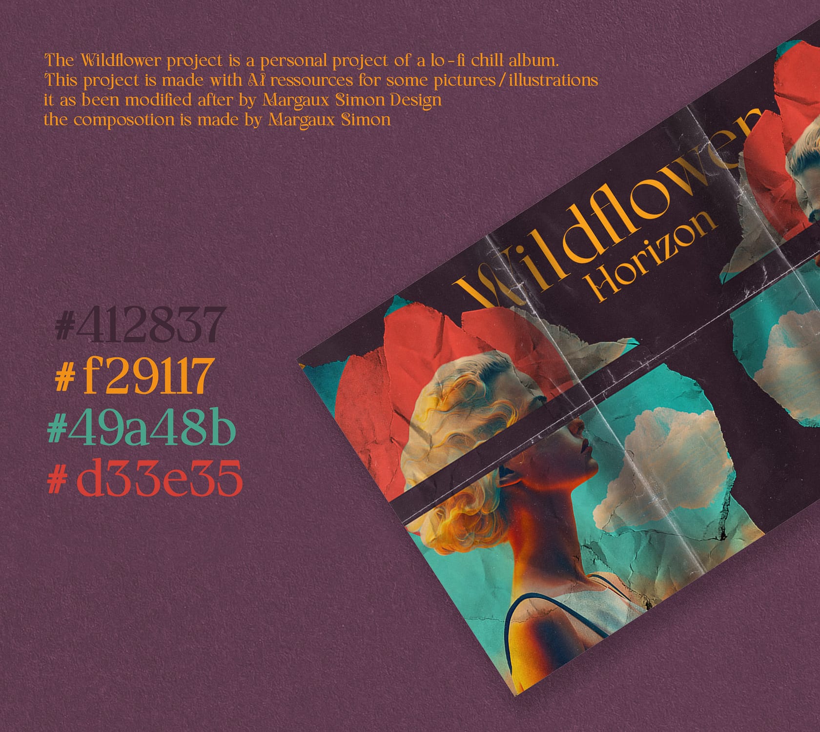 Pochette d'album style surréaliste avec une femme au centre dans un aspect papier déchiré, le groupe s'apelle wildflower et l'album horizon. les couleurs sont jaunes et violet foncé