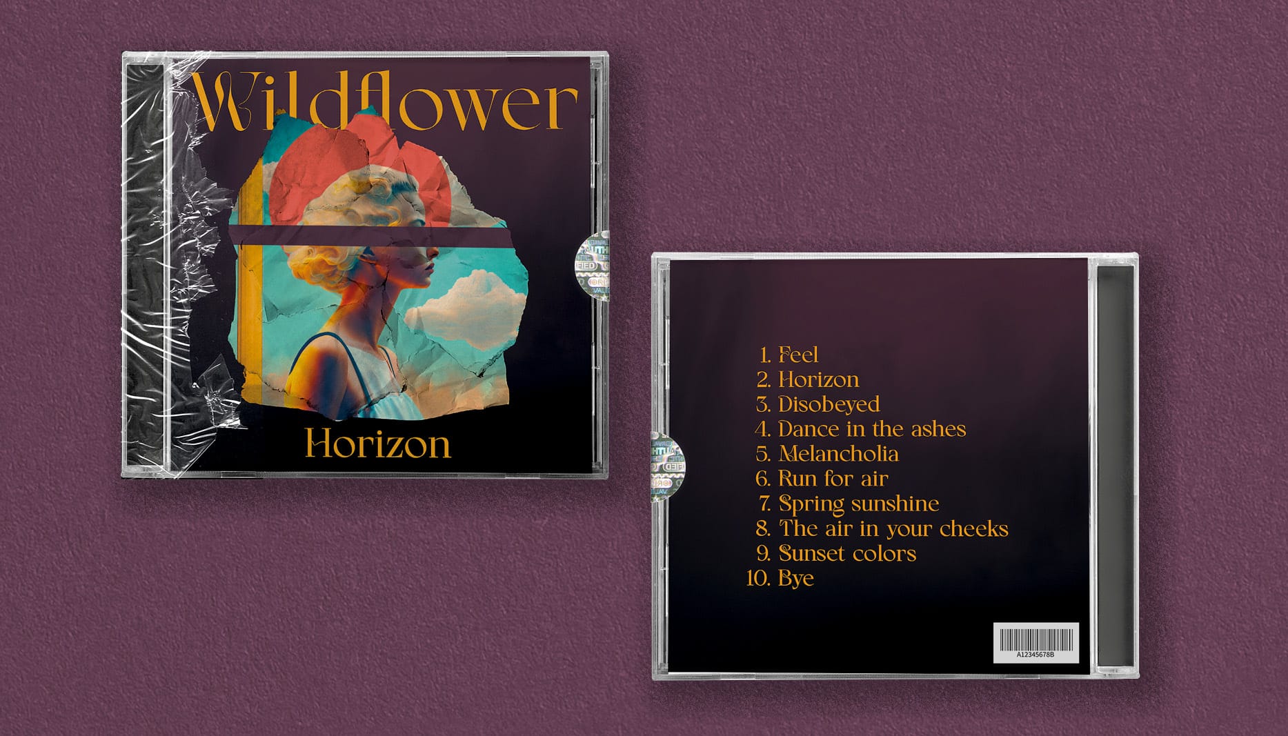 Pochette d'album style surréaliste avec une femme au centre dans un aspect papier déchiré, le groupe s'apelle wildflower et l'album horizon. les couleurs sont jaunes et violet foncé